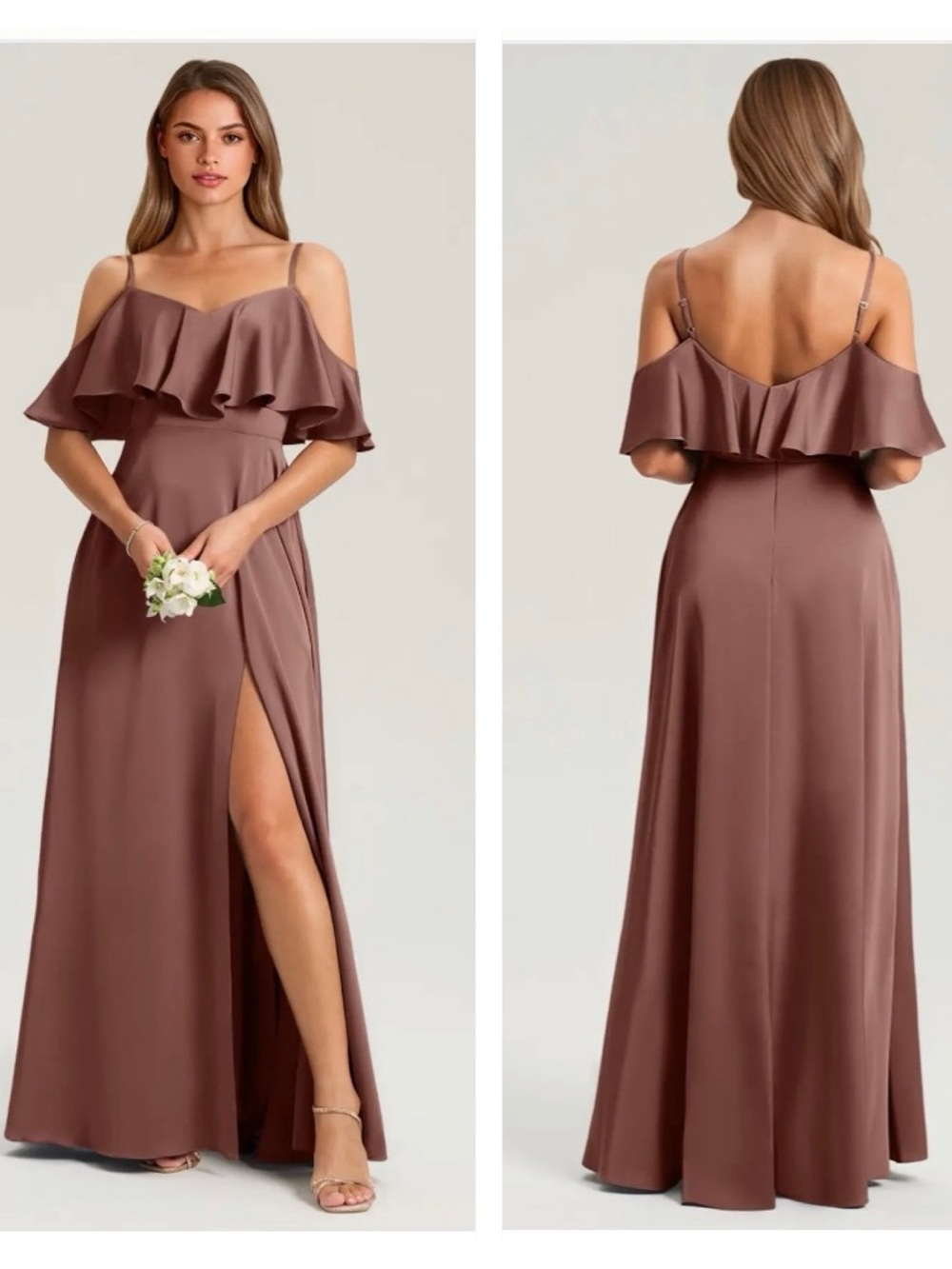 NWT Azazie Jean Bridesmaid Dress Espresso Stretch Satin Off-Shoulder Gown A12